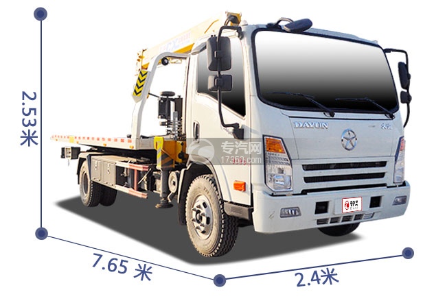 大运奥普力单排国五平板带吊清障车尺寸大图