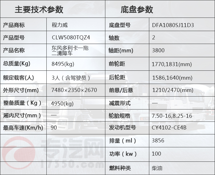 东风多利卡一拖二清障车参数